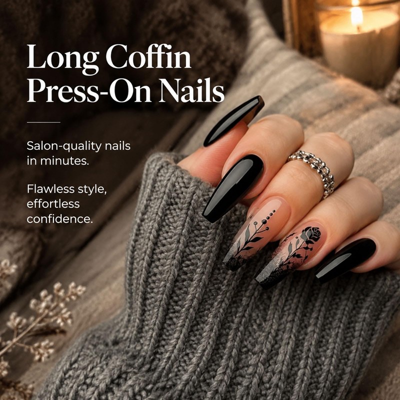 Dixiwuje Long Coffin Nails, Press-On Nails, Black, Pack of 24,