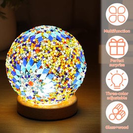 Mosaic Glass Lamps Retro Bohemian Glass Table Lamps 3 Color Dimming Glass Mosaic Ball Lights Adjustable Brightness Night Lights Table Lamps with USB Port(Colour)