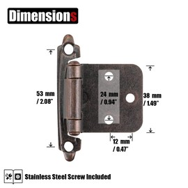 JQK 1/2 Inch Overlay Cabinet Door Hinges Oil Rubbed Bronze, 50 Pack 25 Pairs Flush Face Mount Cupboard Self-Closing Kitchen Cabinet Hinges with Door Bumper, CH200-ORB-P50