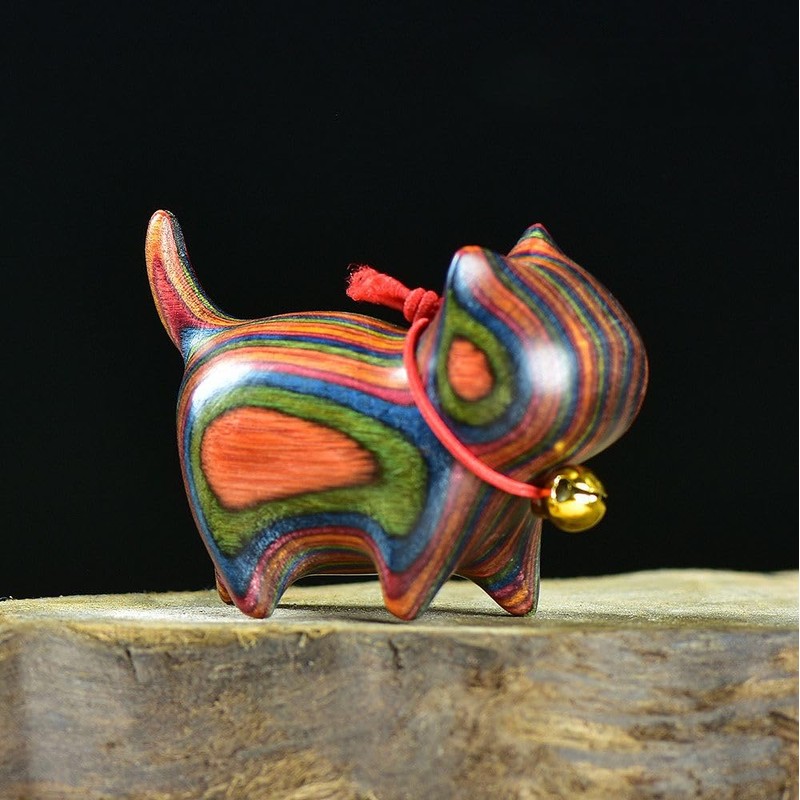 HLbshi Handmade Rainbow Wooden cat Figurine Animal Carving Statue Office