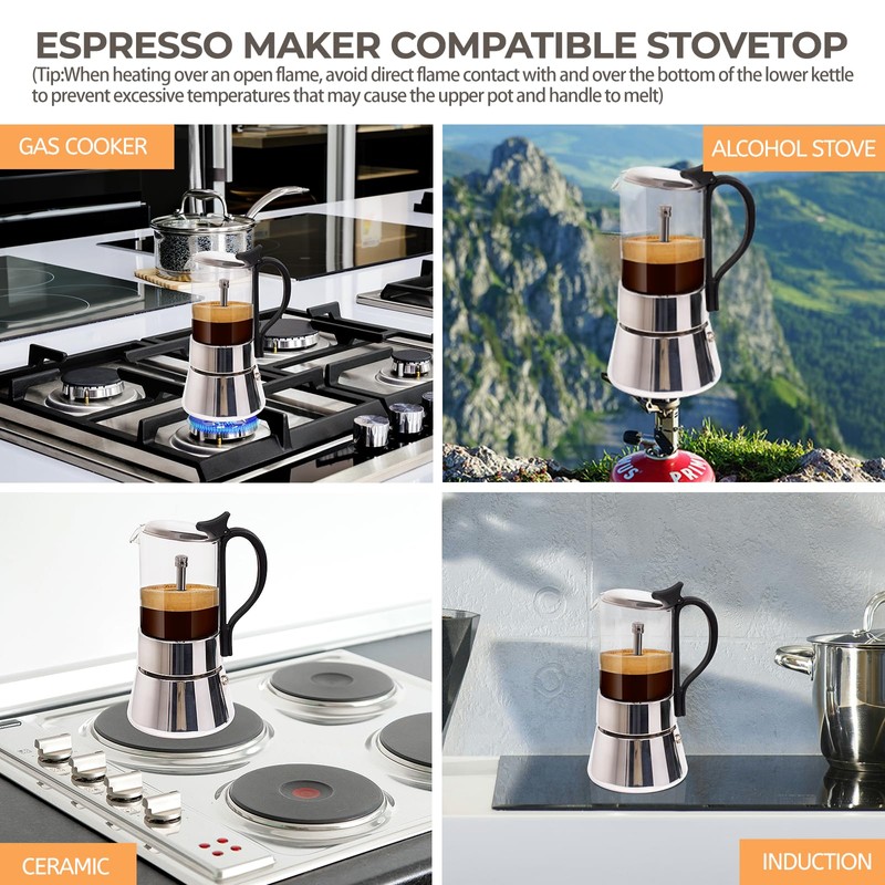 Mogrecha Clear Glass Moka Pot 4 Cup 220ml Stainless Steel