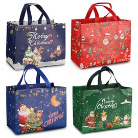 4PCS Christmas Gift Bags,Christmas Tote Bags with Handles, Christmas Treat Bags, Multifunctional Non-Woven Christmas Bags for Gifts Wrapping Shopping, Xmas Party Supplies, 32.5×25×17cm