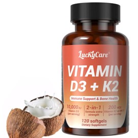 Luckycare Vitamin D3 K2 10000 IU Plus K2 (MK-7) 200 mcg, 120 Coconut Oil Softgels| 2 in 1 VIT D & K Complex | Supports Calcium Absorption, Bone, Teeth, Heart & Immune Health,120Count