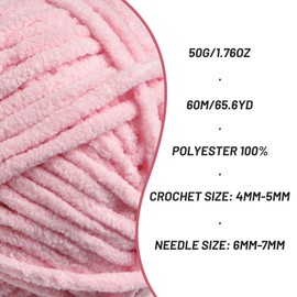 Plush Chenille Chunky Crochet Yarn - Baby Yarn for Crocheting Soft - Velvet Yarn Knitting for Blankets Crafts - Fluffy Amigurumi Yarn 50g / 65.6yd (Pink)
