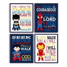 Superhero Christian Nursery Decor Set of 4 Unframed Prints with Bible Verses
