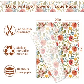 FYSUIMU 100 Sheets Spring Floral Tissue Paper Vintage Flower Gift Wrapping Paper Decorative Art Paper for Birthday Party Wedding Anniversary Baby Shower Party DIY Crafts, 14 x 20 Inch