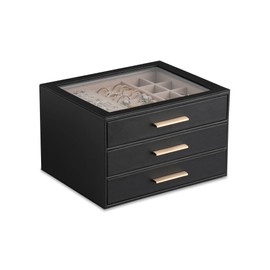 Frebeauty Clear Lid Jewelry Box,3-Layer Jewelry Organizer with Drawer,PU Leather Jewelry Organizers and Storage,Jewelry Boxes for Women,Jewelry Storage for Rings Earring Stud,Gift for Women(Black)