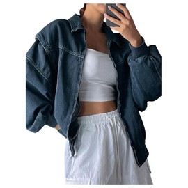 WDIRARA Women's Zip Up Denim Jacket Long Sleeve Oversized Jean Jacket Outerwear Blue Small