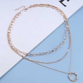 Yheakne Vintage Layered Circle Choker Necklace Gold Karma Circle Pendant Necklace Multiple Layering Twist Circle Necklace Punk Paper Clip Necklace Chain Jewelry for Women and Girls