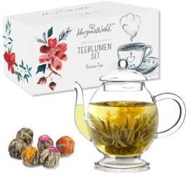 HerzensWahl Tea Flowers Gift Set with Pot | 6 x Tea Flowers, 1 x Teapot & Gift Box | Blooming Tea | Tea Roses Tasting Set | Green Tea - Tea Flowers & (Teapot Set) for Tea Lovers