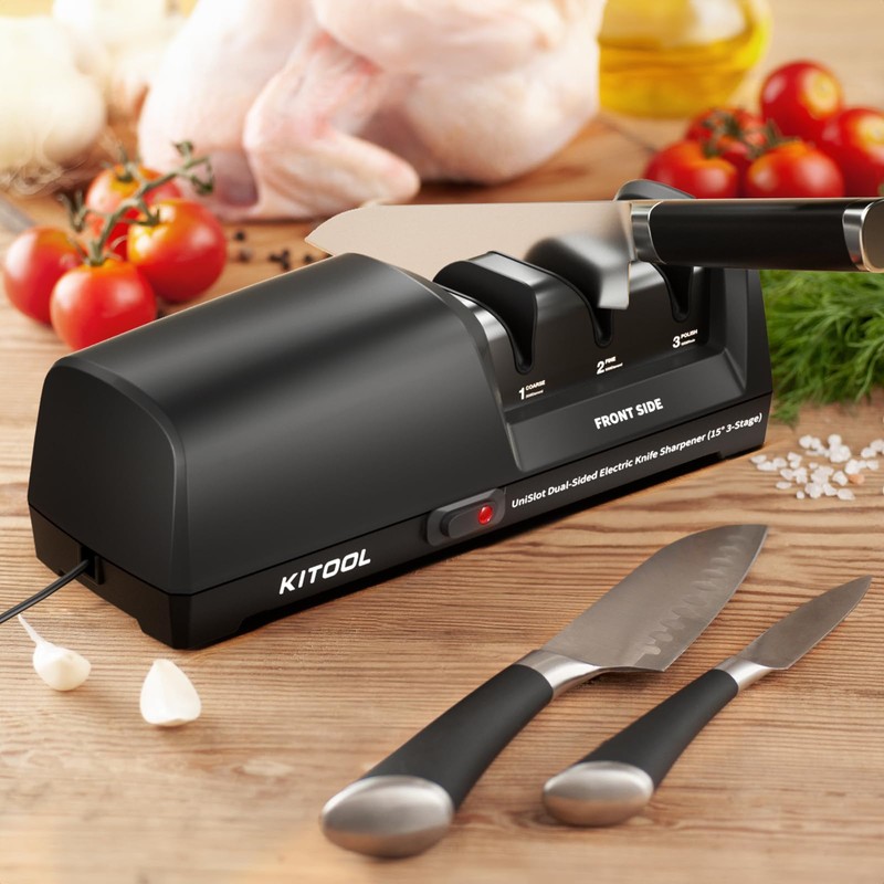 Electric Knife Sharpener, Dual-Sided 3-Stage Sharpener with Diamond Abrasives &