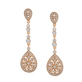 Art Deco Style Bridal Teardrop Cubic Zirconia Prom Statement Dangle Chandelier Earrings Rose Gold Plated Brass