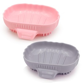 Silicone Soap Dish with Drain 2 Pcs, Anti-Slip Bathroom Bar Soap Holder Dishes Self Draining Waterfall Saver Plate for Shower Sink - Unique Bottom Brush Easy Dry & Clean (Pink + Lavender Grey)