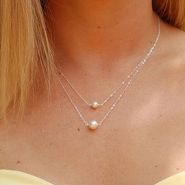 Aneneiceera Boho Layered Pearl Necklace Silver Pearl Pendant Simple Bead Choker Necklaces Chain Pendant Jewelry Accessories for Women and Girls(Silver)