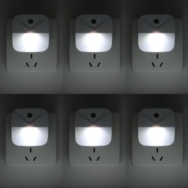 KINUR - Paquete de 6 luces LED de noche para enchufar en la pared, luz de día de color blanco, sensor automático de encendido y apagado para niños, guardería, recámara, baño, pasillo, escaleras,
