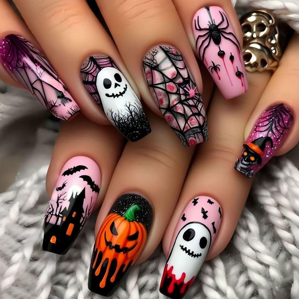 Halloween Press on Nails Long Coffin Fake Nails with Holiday