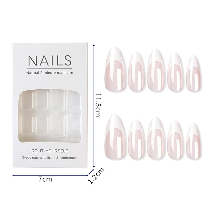 24PCS Pink Glitter Almond Press-On Nails, White and Pink Glossy