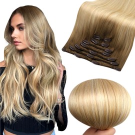 Full Shine Blonde Clip In Extensions Real Human Hair Balayage Chestnut Brown To Honey Blonde Mix Platinum Blonde Clip In Human Hair Extensions 7 Pcs 120G Double Weft Hair Extension Clip Ins 16 Inch