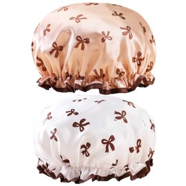 Bath Caps Elastic Band Waterproof Shower Caps With Ruffled Edge Covering Ears Keeping Hair Dry Kitchen Oil-proof Cap for Girls and Women (Bow)
