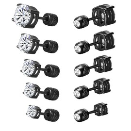 5 Pairs 316L Square Screw Back Stud Earrings Set, Hypoallergenic Cubic Zirconia Surgical Stainless Steel Round Cut CZ Stud Earring for Women and Men 3-7mm (Black Gold Plated)