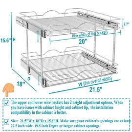 OCG 2 Tier Pull Out Cabinet Organizer (21.5" W x 18" D), Pull Out Shelves for Kitchen Cabinets, Slide Out Pantry Shelves for Base Cabinet Organization in Kitchen Bathroom Pantry, Chrome Finish