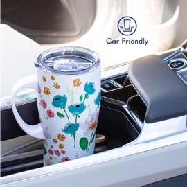 20oz Stainless Steel Handle Tumbler with Triple Insulation & Copper Lining – Keeps Coffee Hot for 6 Hours & Drinks Cold for 18 – Spill-Resistant Press-On Lid with Sliding Sip Design (Multi Floral)