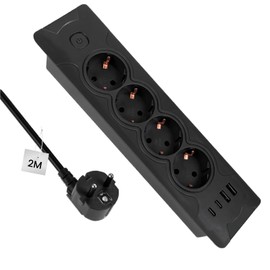 Built-in Socket 8-in-1 Table Socket with 4 USB, Recessed Socket, Socket Strip, Retractable for Kitchen Worktop Desk, Black