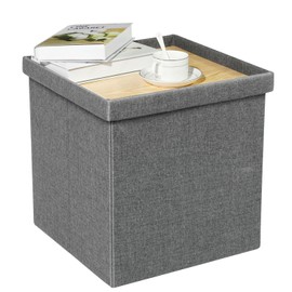 B FSOBEIIALEO Storage Ottoman with Tray, Small Ottomans Cube Folding Coffee Table Foot Stool Footrest Seat, Dark Grey Linen 16"X15.7"x15"