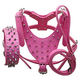 haoyueer Leather Spiked Studded Medium & Large Dog Collars, Harnesses & Leashes 3Pcs Matching Set for Pit Bull,Mastiff, Boxer, Bull Terrier(Hot Pink,L)