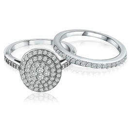 925 Sterling Silver Brilliant Round-Cut CZ Cubic Zirconia Cluster Anniversary Wedding Band Engagement Ring Bridal Set, Sizes 5 to 10 (Silver, 8)