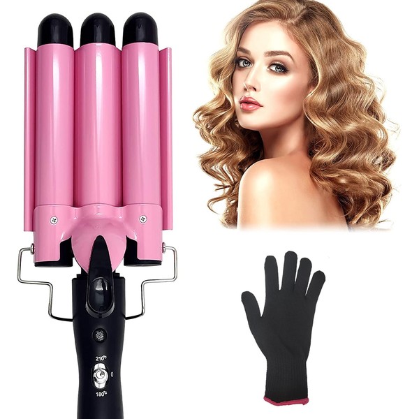 Newlemo 3 Barrel Curling Iron 25mm, 1-Inch Crimper Hair Iron Temperature Adjustable, Hair Crimper Ceramic Tourmaline Fast Heating Curling Wand with Heat Resistant Glove(Pink)
