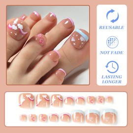 Pack of 24 False Toenails, Short, 12 Sizes, Nude Artificial Toenails Tips, Rainbow & Clouds, French Toenails for Sticking, Full Cover Acrylic Toe Nails for Women, Nail Art, DIY