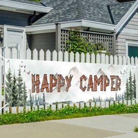 Printspree 98x19in Happy Camper Large Banner - Camping Party Decorations Rustic Forest Theme Camping Theme Birthday Party Supplies Camp Adventure Baby Shower Indoor Outdoor Flag for Garden Patio Lawn