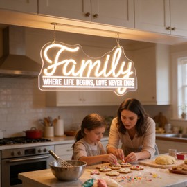 "Family Where Life Begins, Love Never Ends" Neon Sign, Positive Quotes Decorative Neon Lights for Home Room Wall Decor Neon Light Sign, Christmas Birthday Gift,Thanksgiving Gift(warm white)