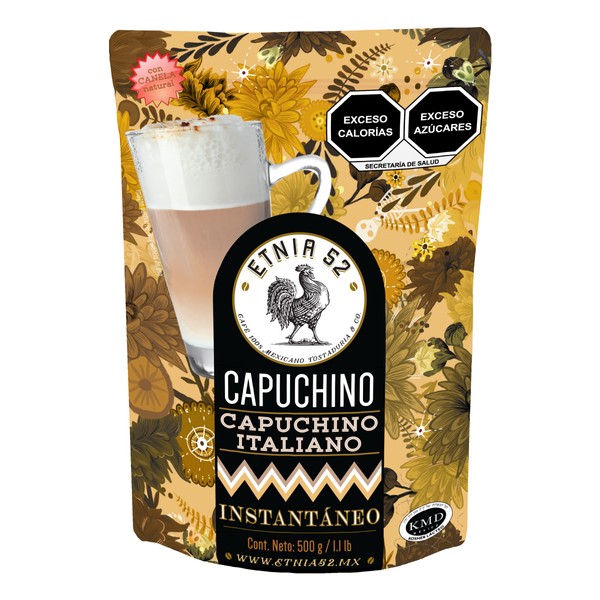 Etnia 52 | Café Capuchino Instantáneo | Sabor Capuchino Italiano | Libre de gluten | Espumoso y Cremoso | 100% mexicano | 500 g