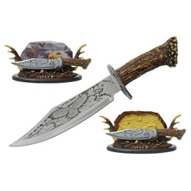 11.5" Eagle Stainless Steel Blade Stag Handle Decorative Knife With Resin Antler Stand