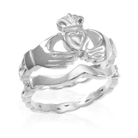 High Polish 925 Sterling Silver Two-Piece Claddagh Engagement and Wedding Ring Set (Size 6.75)