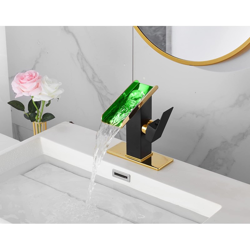 One Hole Bathroom Faucets LED Waterfall Spout Black and Gold
