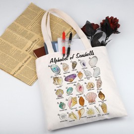 WSNANG Seashell Alphabet Canvas Tote Bag Seashell Collector Gift Seashells Lover Gift Beach Lover Gift Beach Themed Bag (Seashell TB)