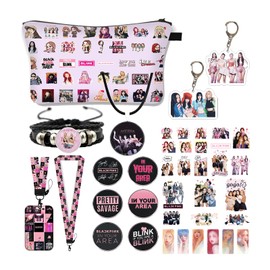 ANIMFANSDE Black Pink K-Pop Fan Item Set - Stickers, Key Chain, Bracelet, Bag, Lanyard, Cards & More - Gift Set for Blink Fans