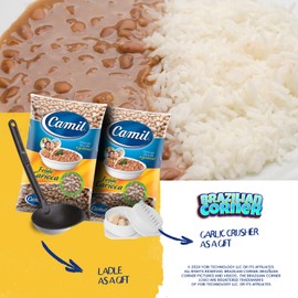Camil Black Beans or Pinto Beans, 4 Pack Bundle: 2 x 2.2 lbs Beans, Ladle Serving Spoon and Garlic Crusher | Imported from Brazil | 2 Packs Feijao Preto ou Carioca Camil 1Kg + Concha e Triturador de Alho (UN, Carioca Beans Bundle)