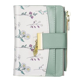 Wallets for Women- RFID Blocking- Soft PU Leather Bifold Coin Zipper Pocket Purse-Small flower wallet Credit Card Holder with ID Window (Green)