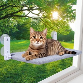 Cat Bed Hammock and Window, 52 x 30 cm, Stable for Cats, with Removable Plush Pads, Foldable, 4 Strong Suction Cups Holds 25 kg (Grey) (Grey-XL)