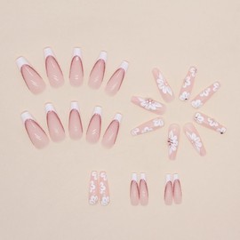 Press on Nails Long Square Glitter Rhinestones Flower False Nails with Design White French Artificial Acrylic Nails Full Cover Glossy Reusable Coffin Fake Nails Glue on Nails for Women