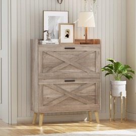 Homleke 32" W Farmhouse Shoe Storage Cabinet with 2 Flip Drawers and Barn Door Design, Adjustable Shelves, Modern Hidden Slim Narrow Shoe Rack Cabinet for Entryway, Foyer, Hallway, Living Room, Greige
