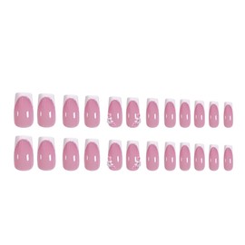 White French Press on Nails Medium Square - Summer Nude Pink Fake Nails Coffin False Nails Press ons with Flower Glitter Design Full Cover Nail Art Tips Acrylic Nail Kit Glue on Nail for Women 24 Pcs