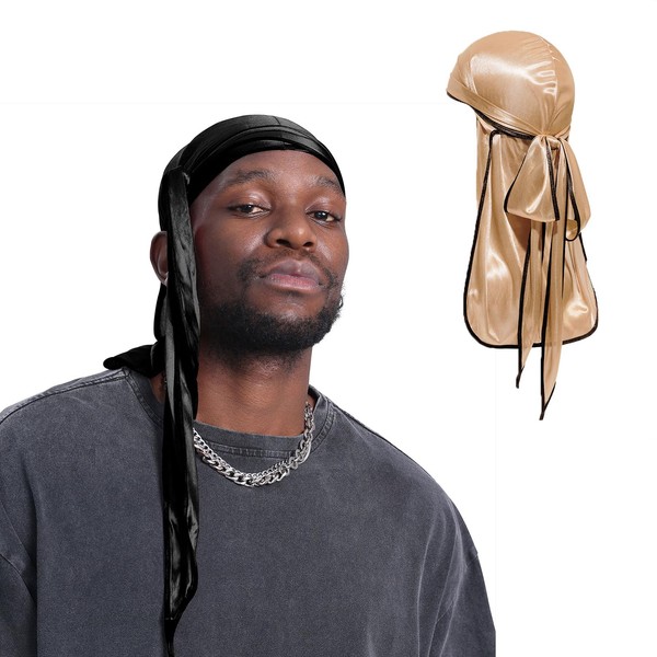 Stain Silk Durag 2 pieces Long Tail Doo Rag For