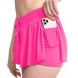 CIAATUIK Pantalones cortos para correr fluidos, pantalones cortos de fitness para mujer, pantalones cortos de entrenamiento fluidos, pantalones cortos deportivos 2 en 1 para mujer, Rojo rosa, L