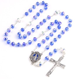 Catholic Town Virgin Mary centerpiece medal rosary with 6 * 8mm Blue Crystal Beads (CTRMM68CB-BLU)