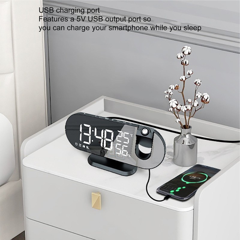 Projection Alarm Clock USB Powered Mirror Display Design High Brightness